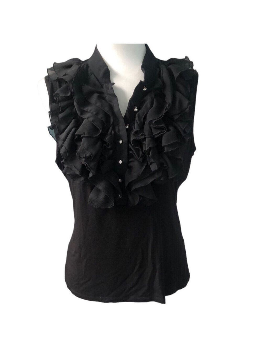 August Silk Ruffle Front Shirt Rhinestone Button Tank Top Black Size PL